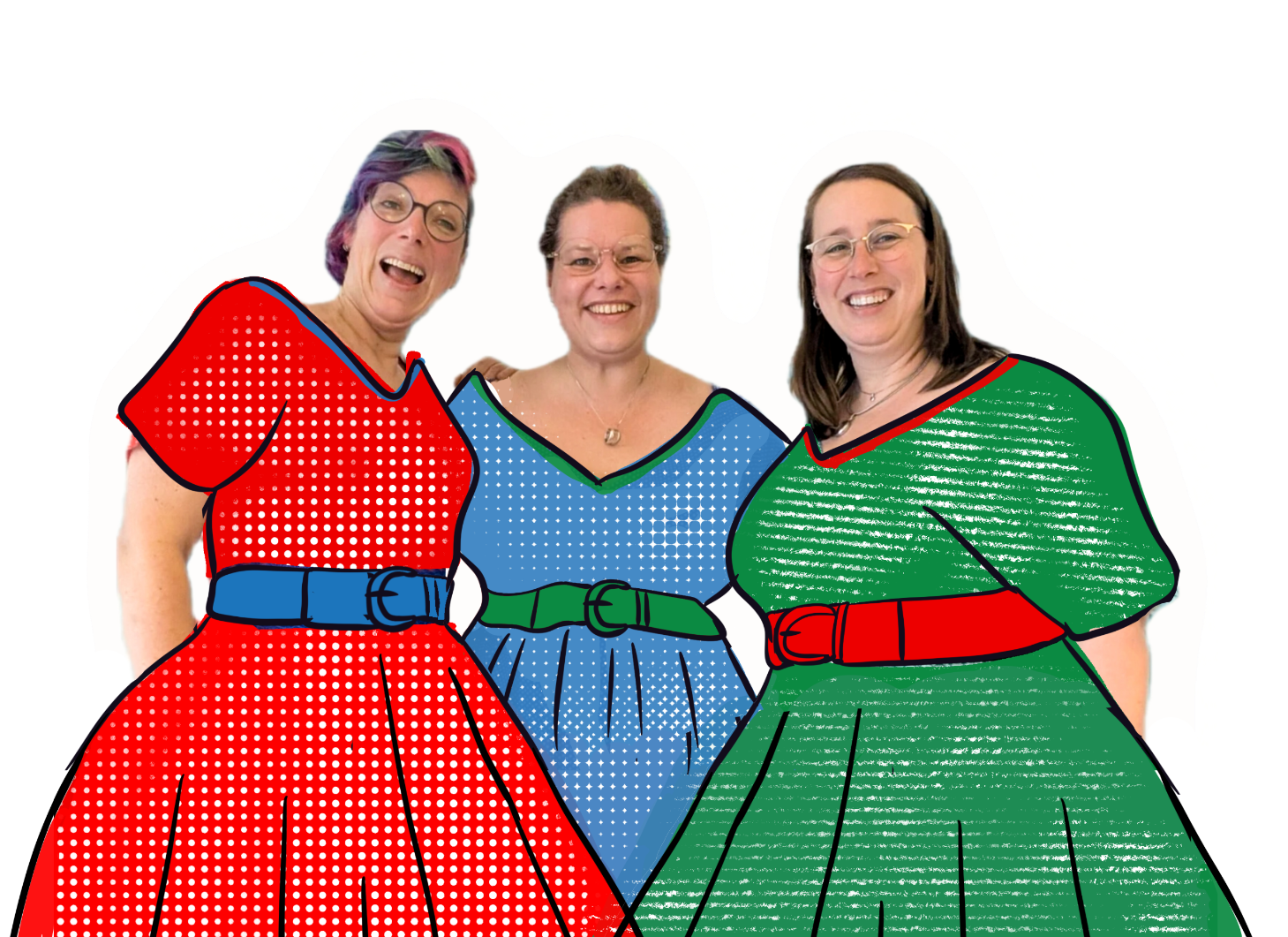 Het zangtrio in rode, blauwe en groene jurken in comicstijl